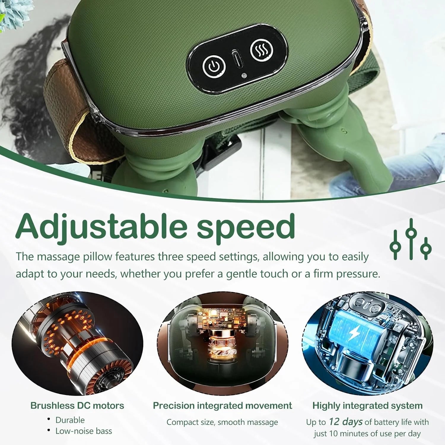 Bionic Heated Massager, Portable Shiatsu Neck and Back Massager, Electric Deep Tissue 4D Kneading Massage, Simulated Human Hand Design for Pain Relief and Muscle Relax (Green)