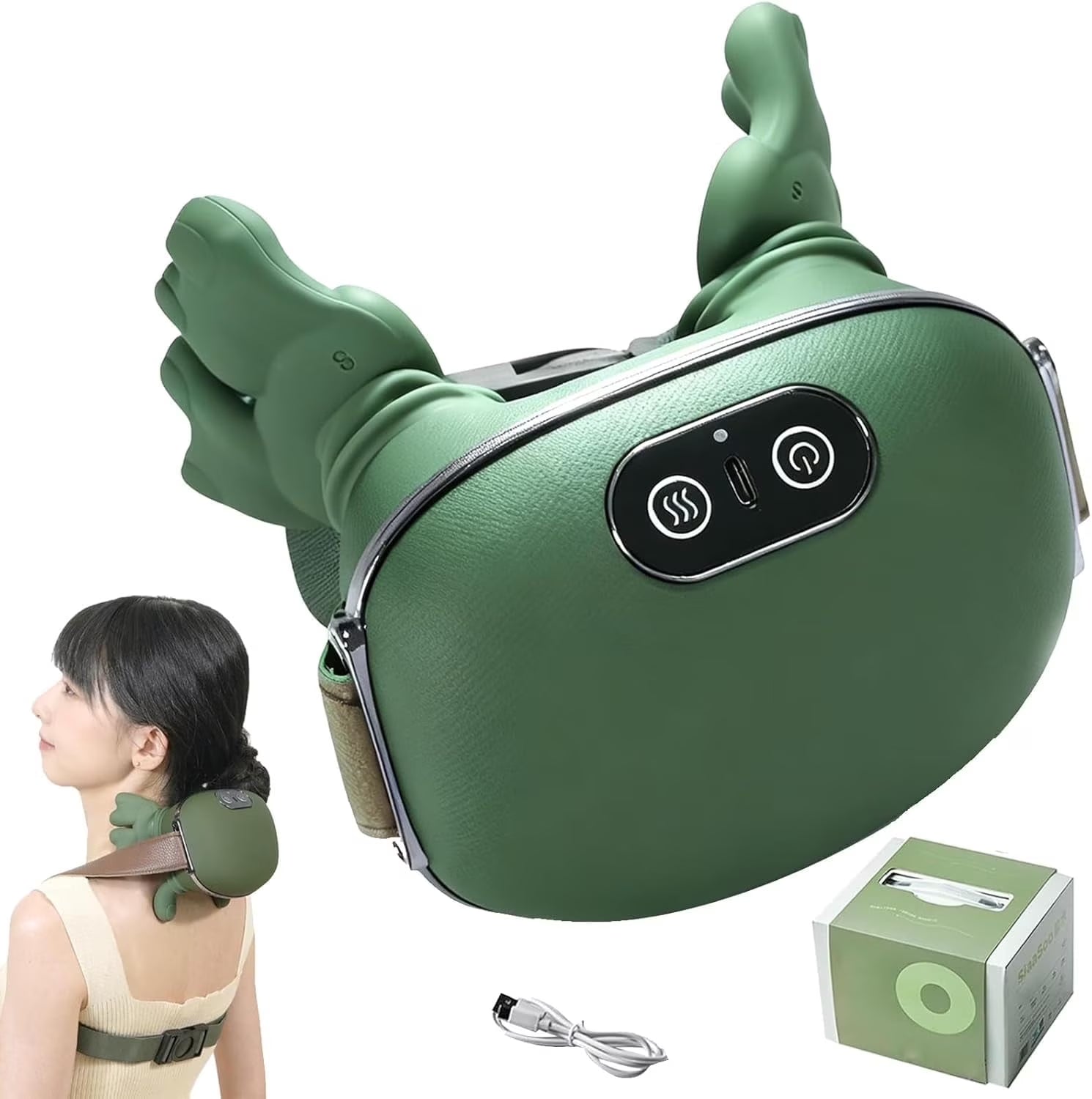 Bionic Heated Massager – Portable 4D Shiatsu Neck & Back Massager, Deep Tissue Electric Kneading with Simulated Human Hand Design for Pain Relief & Muscle Relaxation (Green)