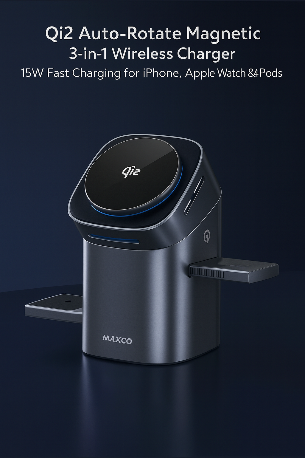 Qi2 Auto-Rotate Magnetic 3-in-1 Wireless Charger – 15W Fast Charging for iPhone 12–16, Apple Watch & AirPods