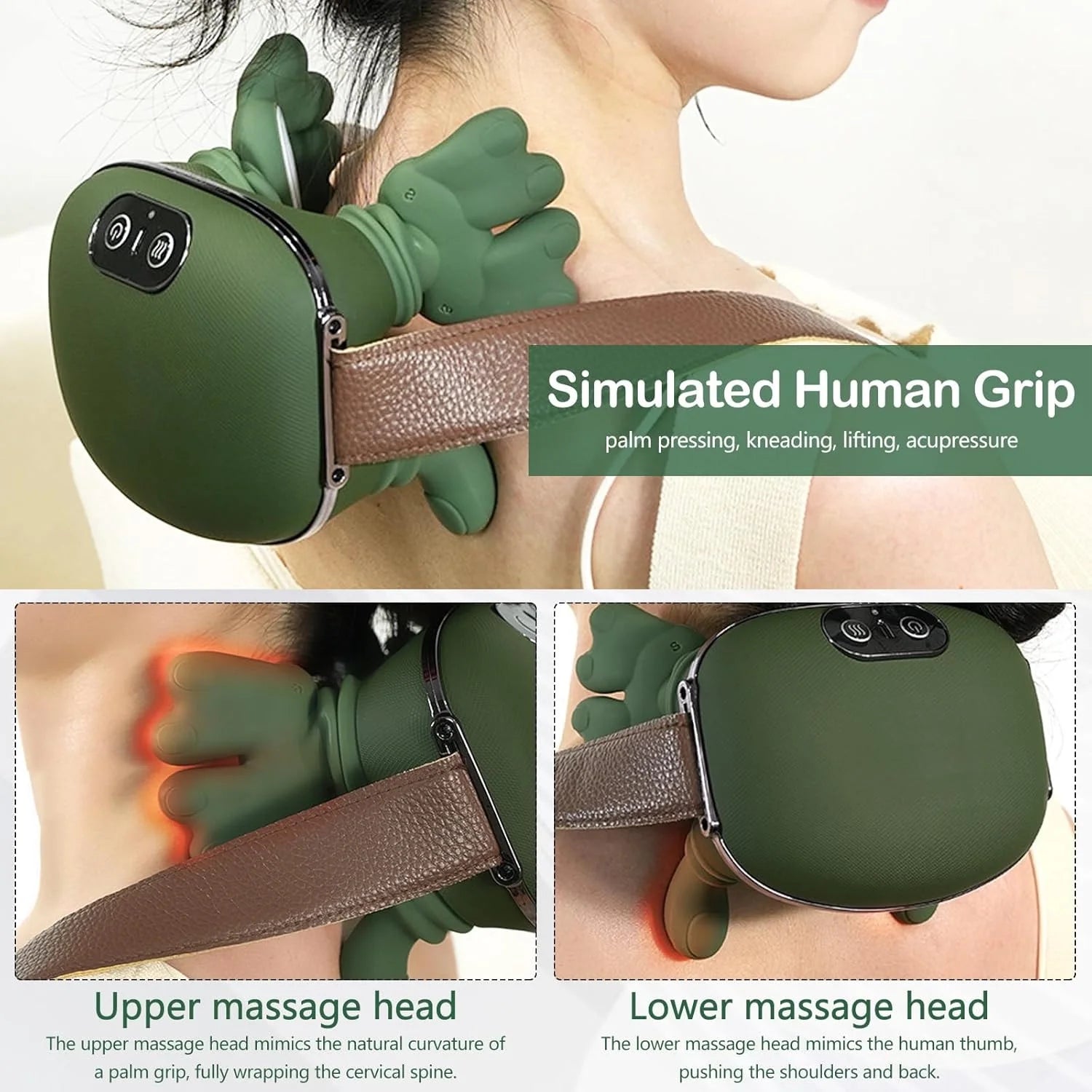 Bionic Heated Massager, Portable Shiatsu Neck and Back Massager, Electric Deep Tissue 4D Kneading Massage, Simulated Human Hand Design for Pain Relief and Muscle Relax (Green)