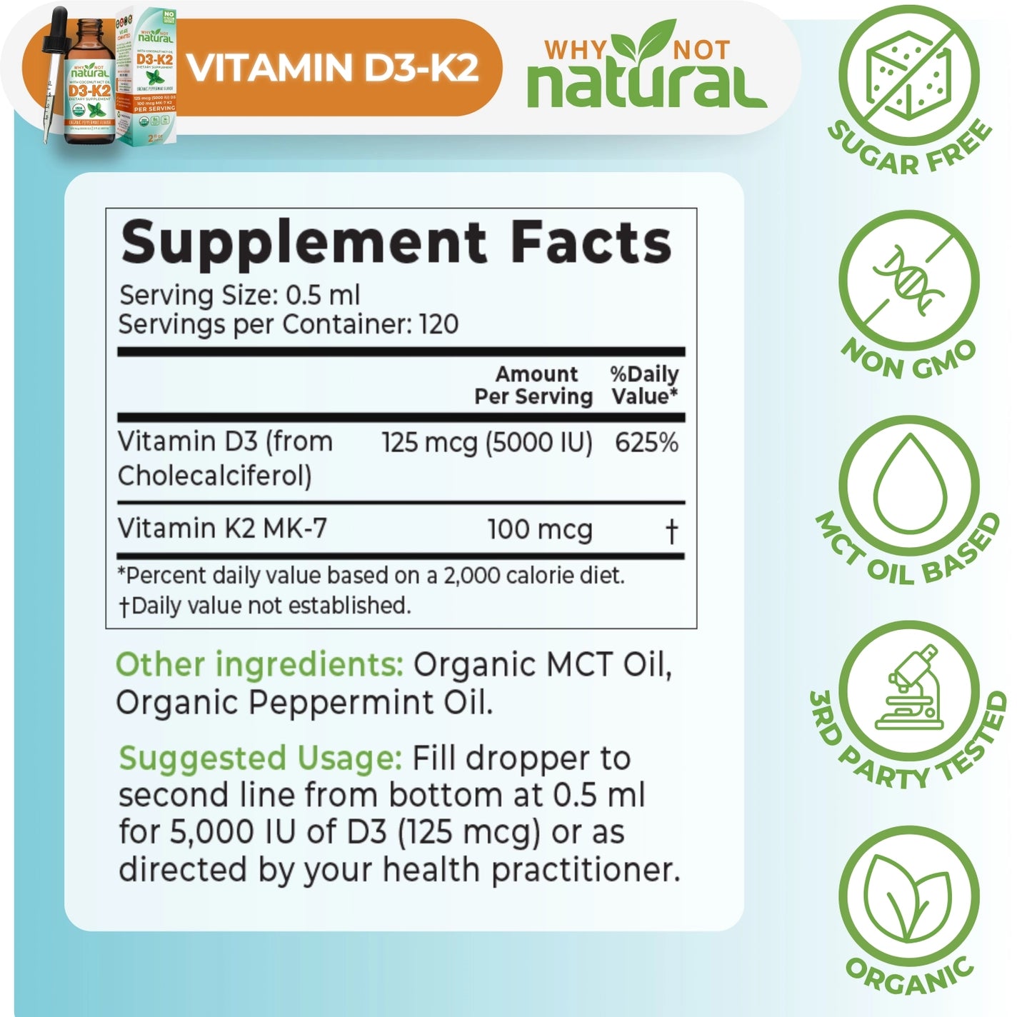 Organic Vitamin D3 Liquid Drops with K2 (MK-7)