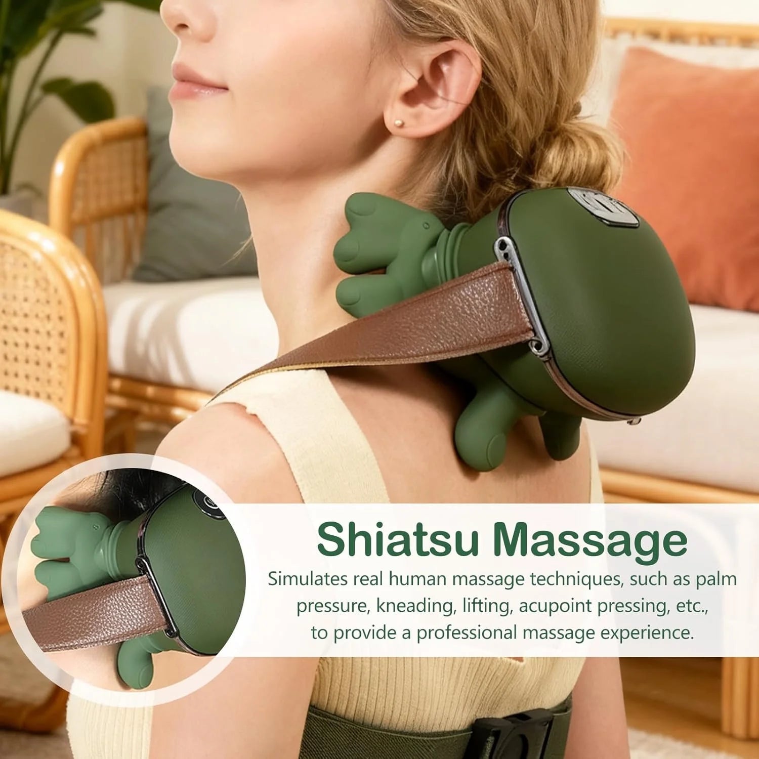 Bionic Heated Massager, Portable Shiatsu Neck and Back Massager, Electric Deep Tissue 4D Kneading Massage, Simulated Human Hand Design for Pain Relief and Muscle Relax (Green)